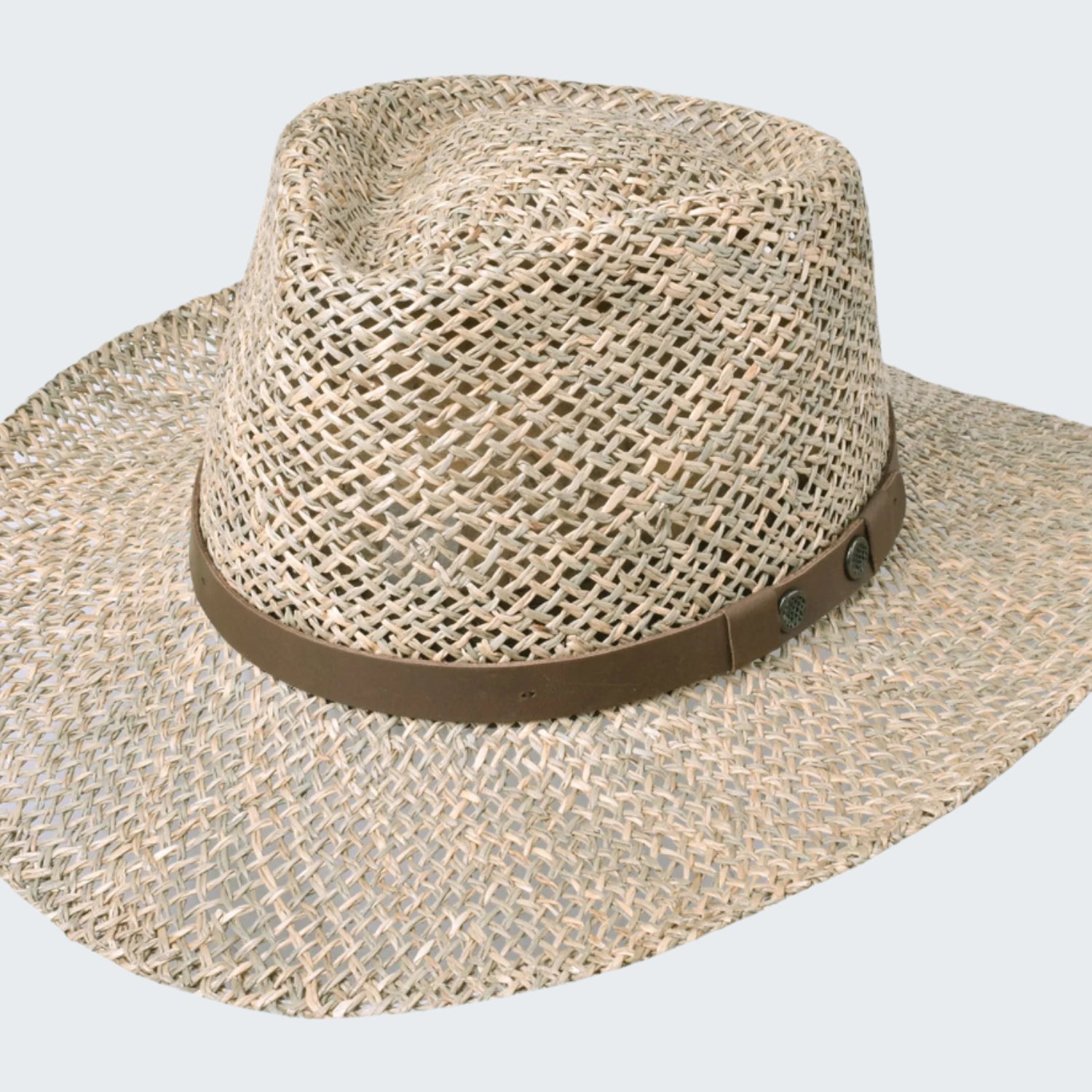 Beige straw hat with a brown band on a white background