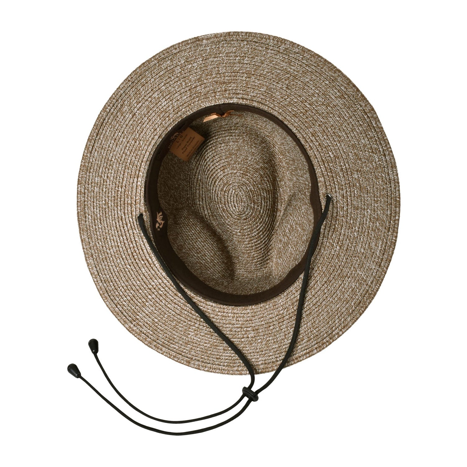 Beige straw hat with a black band on a white background