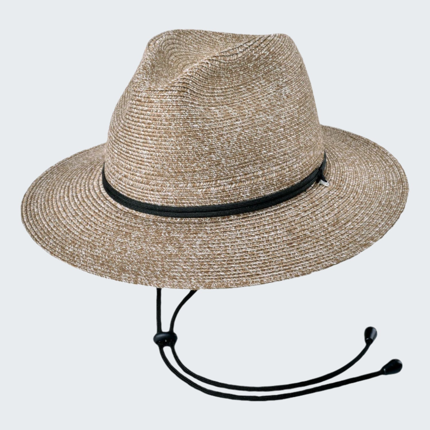 Beige straw hat with black band and chin strap on a white background