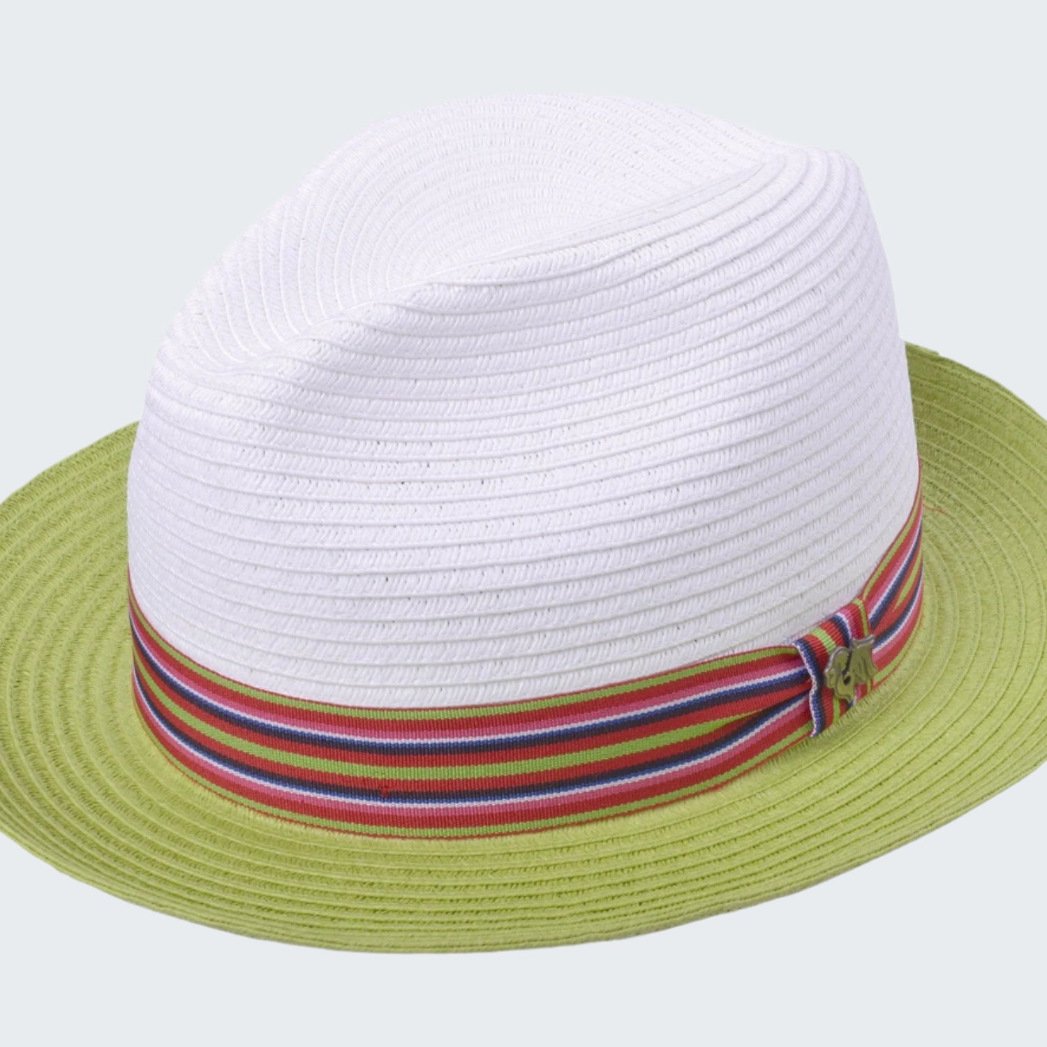 White straw hat with a colorful band on a white background