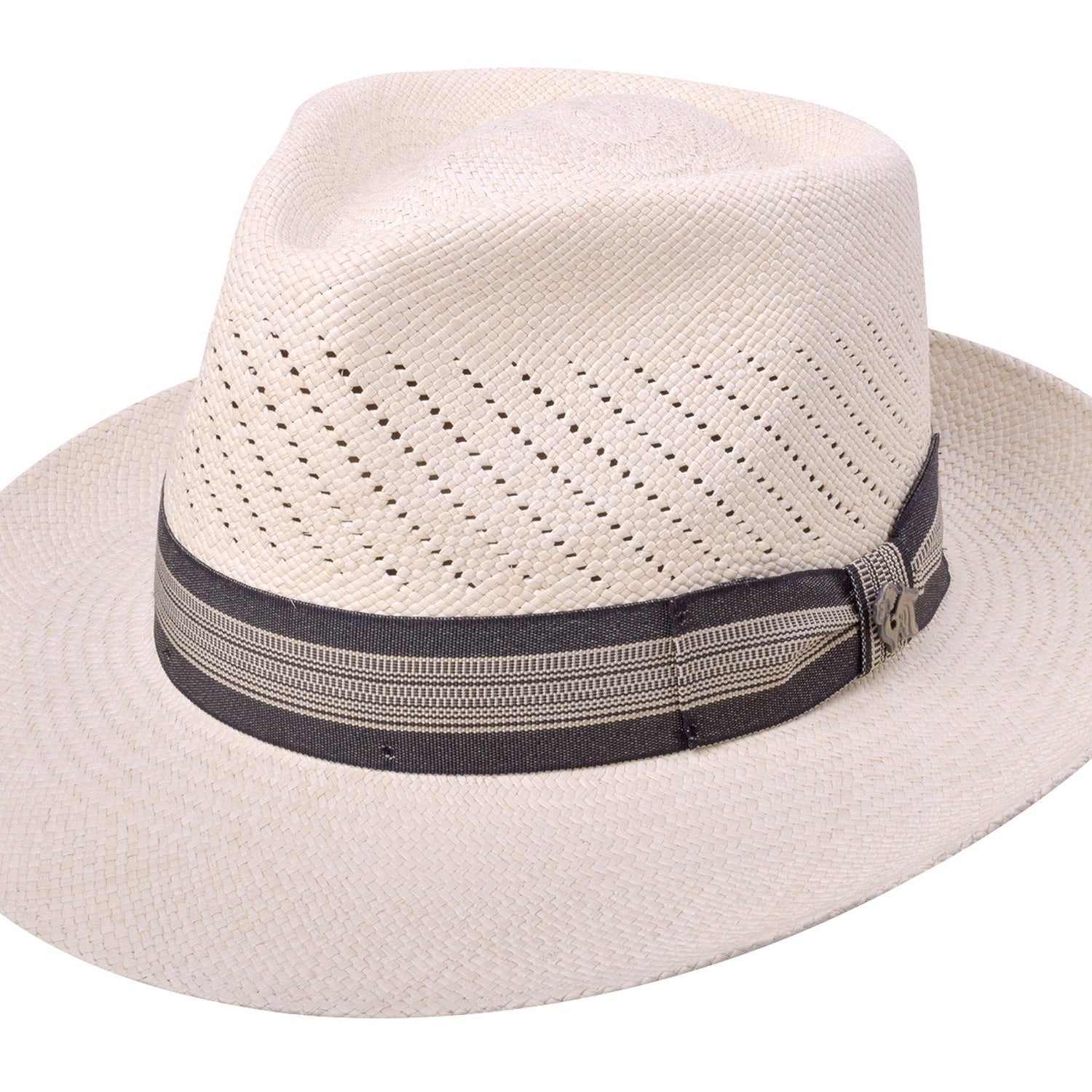 Beige straw hat with a black band on a white background