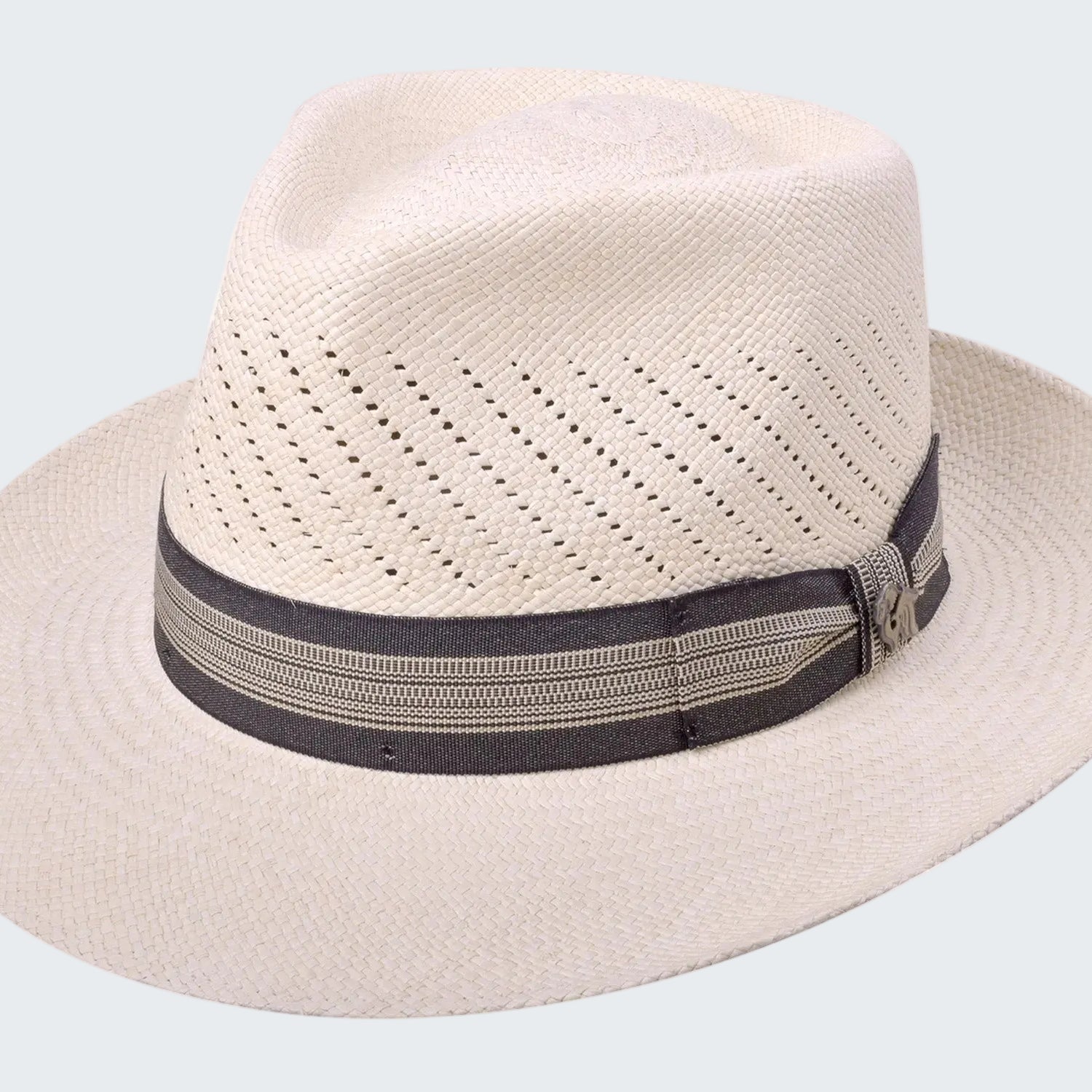 Beige straw hat with a black band on a white background