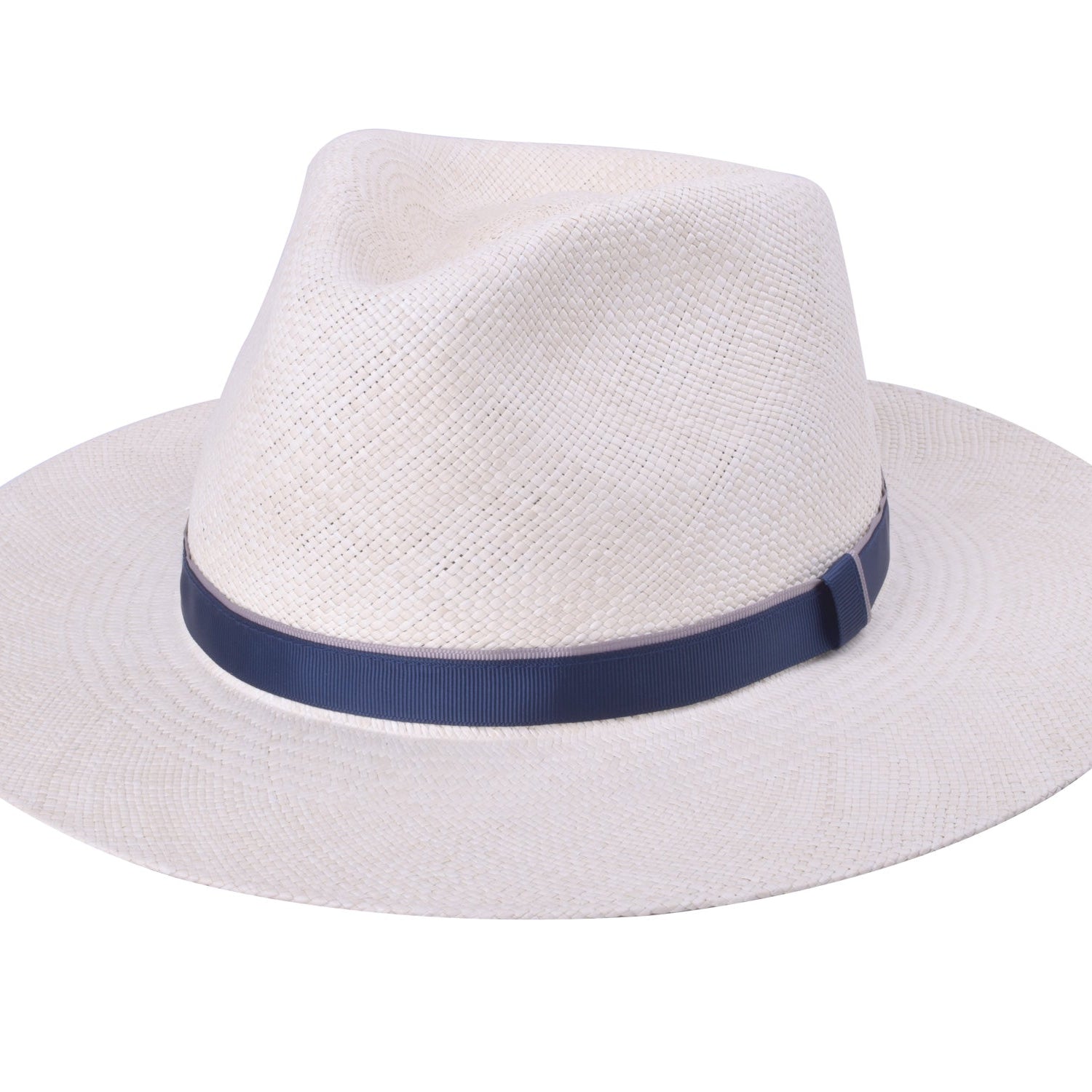 White fedora hat with a navy band on a white background