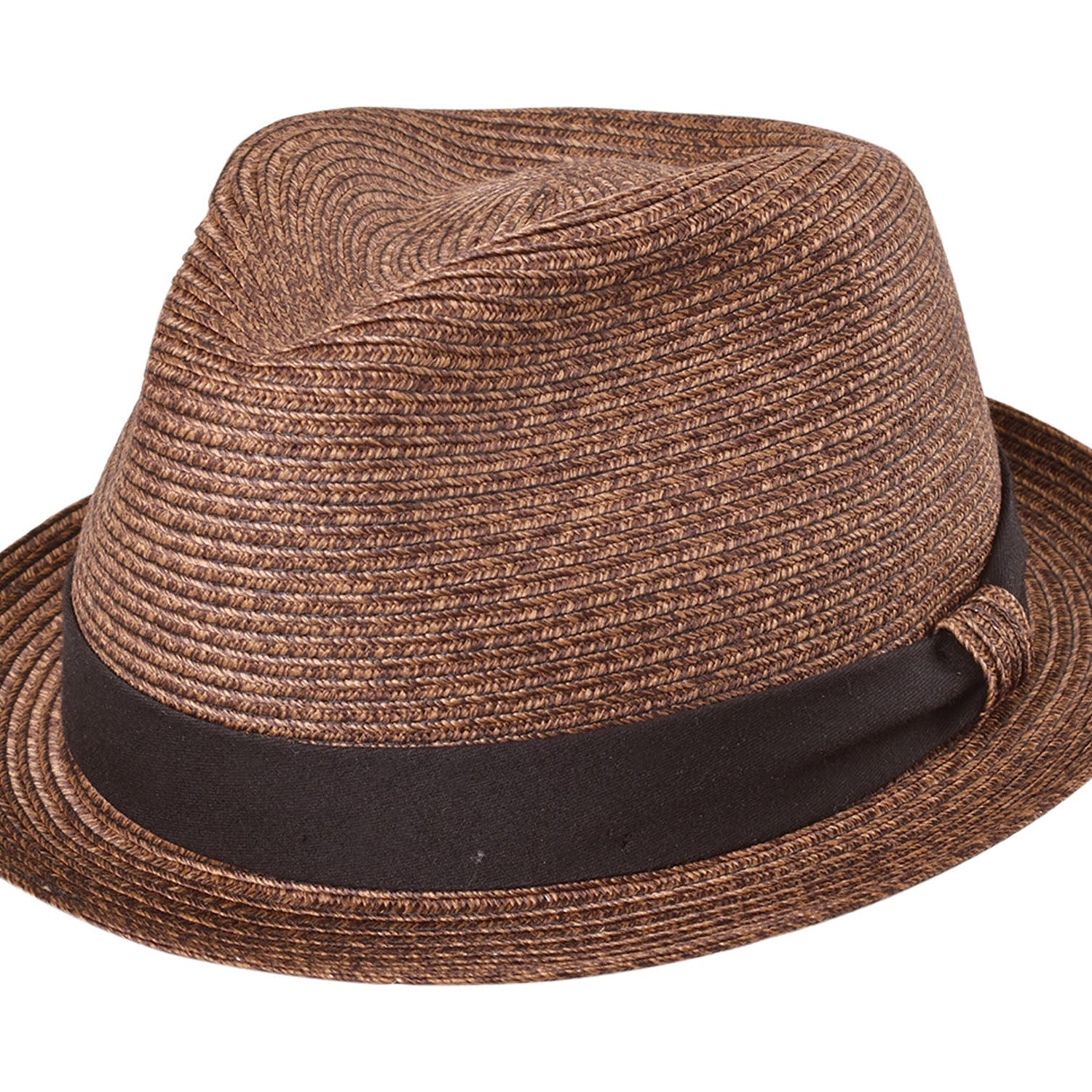 Brown straw hat with a black band on a white background
