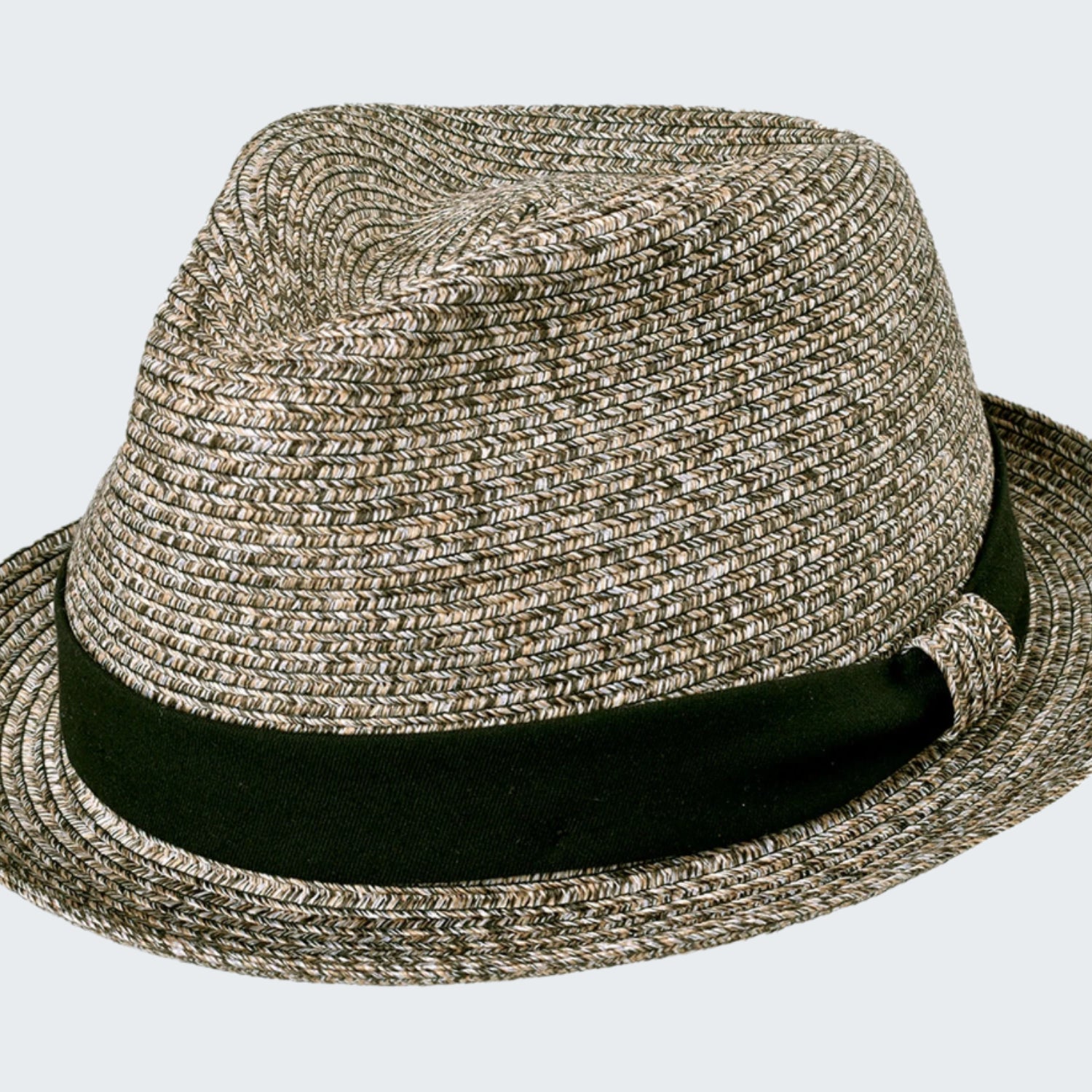 Woven fedora hat with a black band on a white background