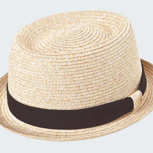 Beige straw hat with a black band on a white background