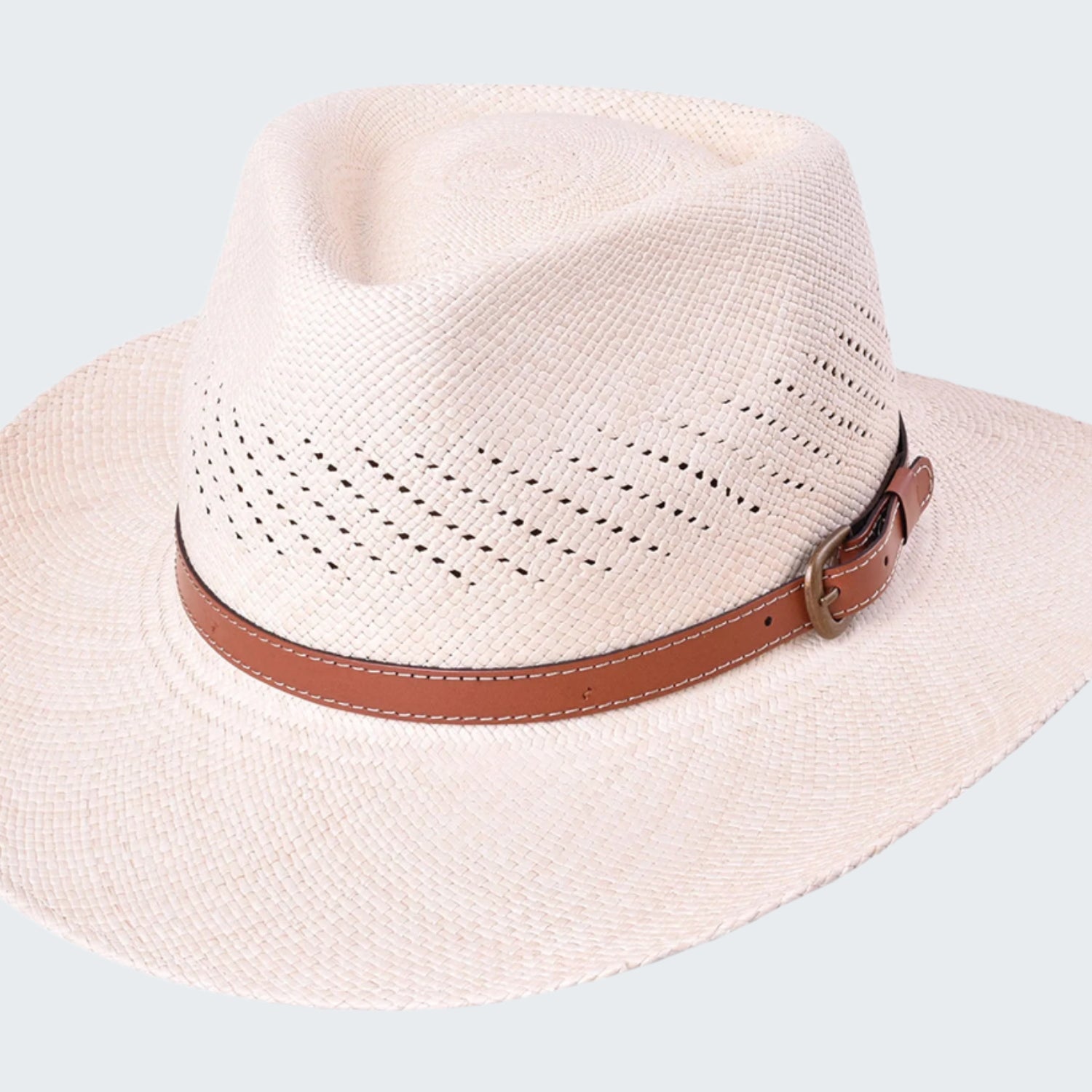 Beige straw hat with a brown band on a white background