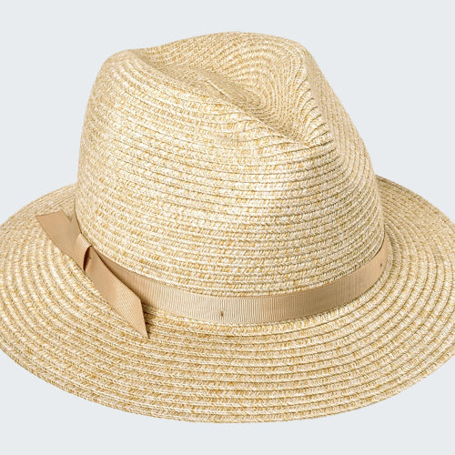 Beige straw hat with a ribbon on a white background