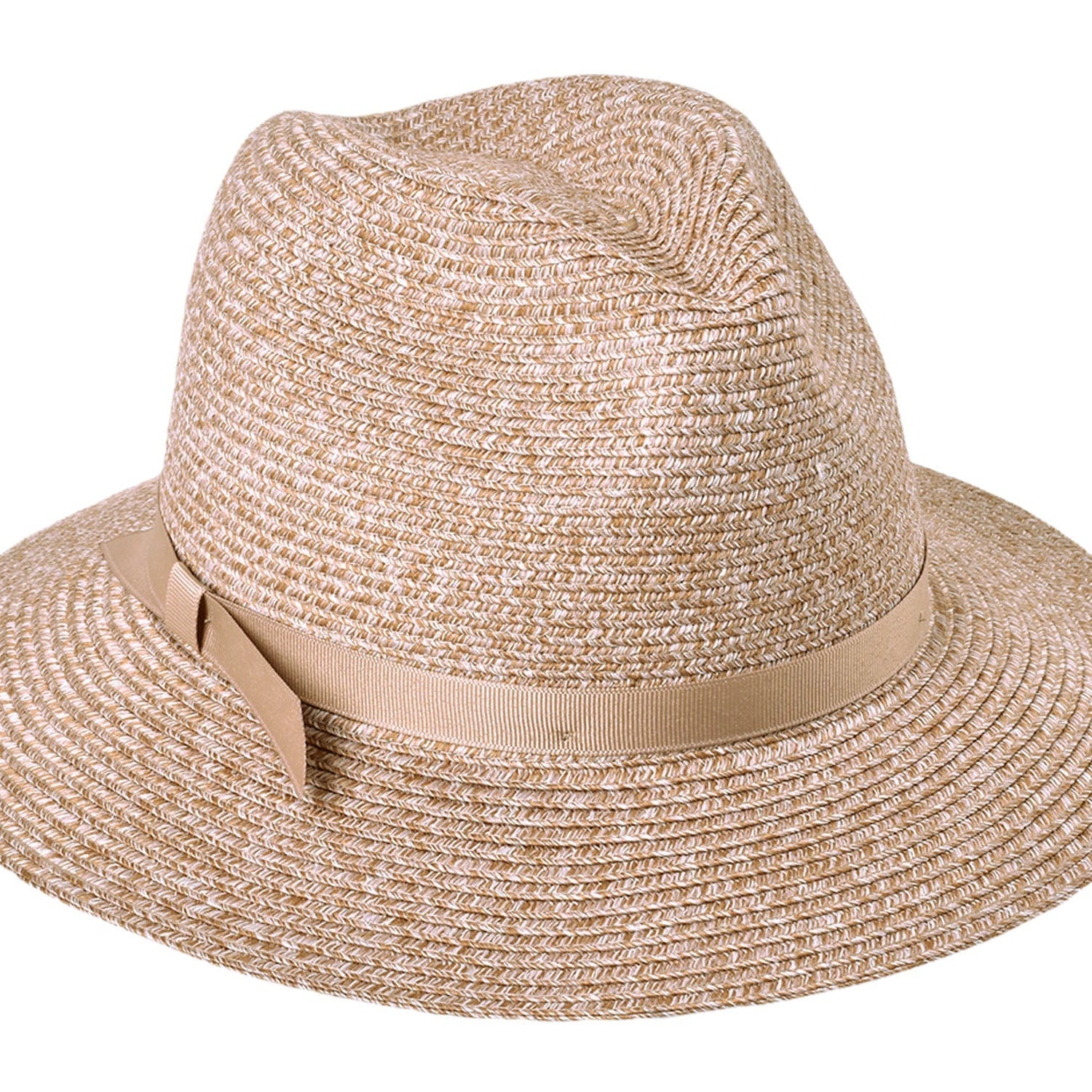 Beige straw hat with a ribbon on a white background