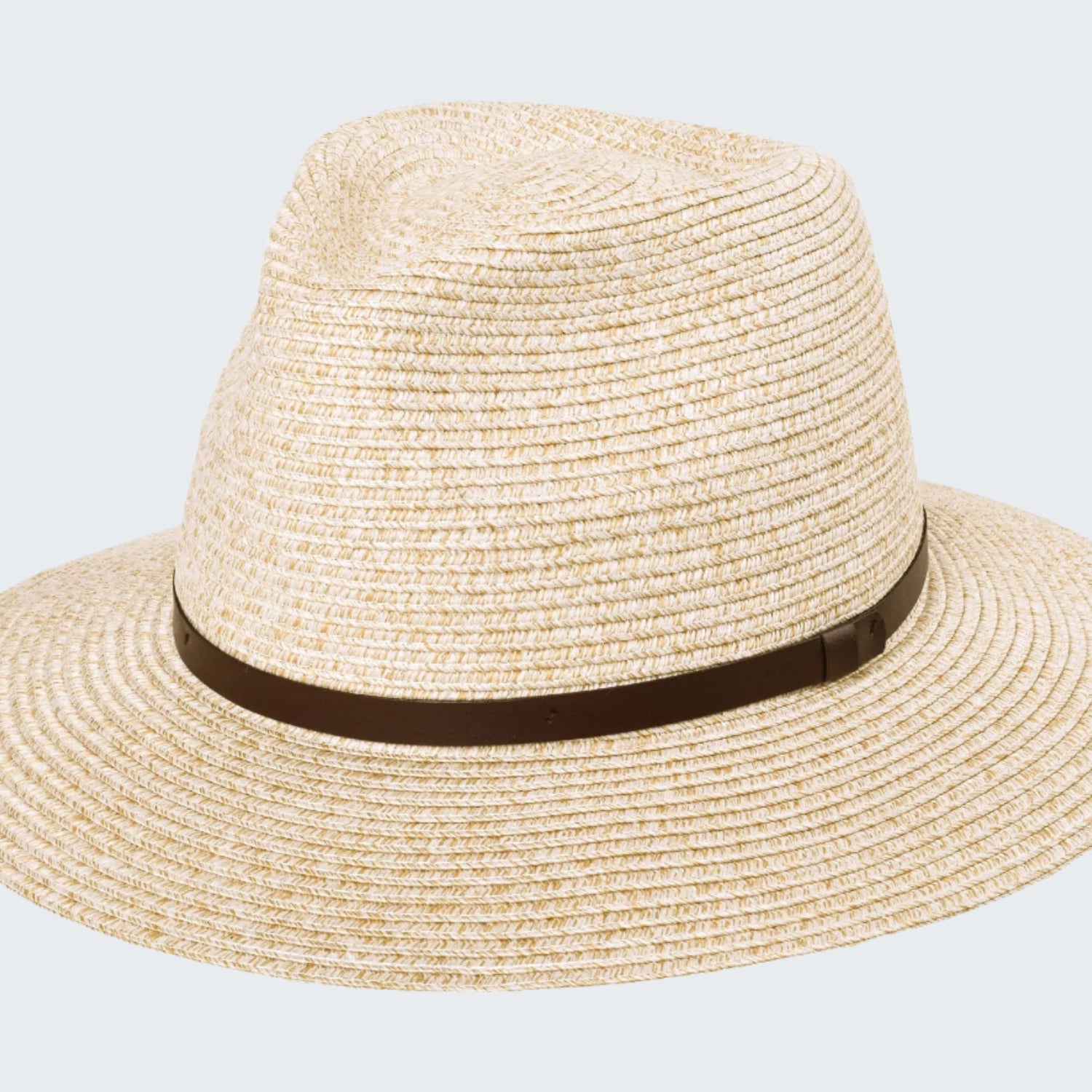 Beige straw hat with a brown band on a white background