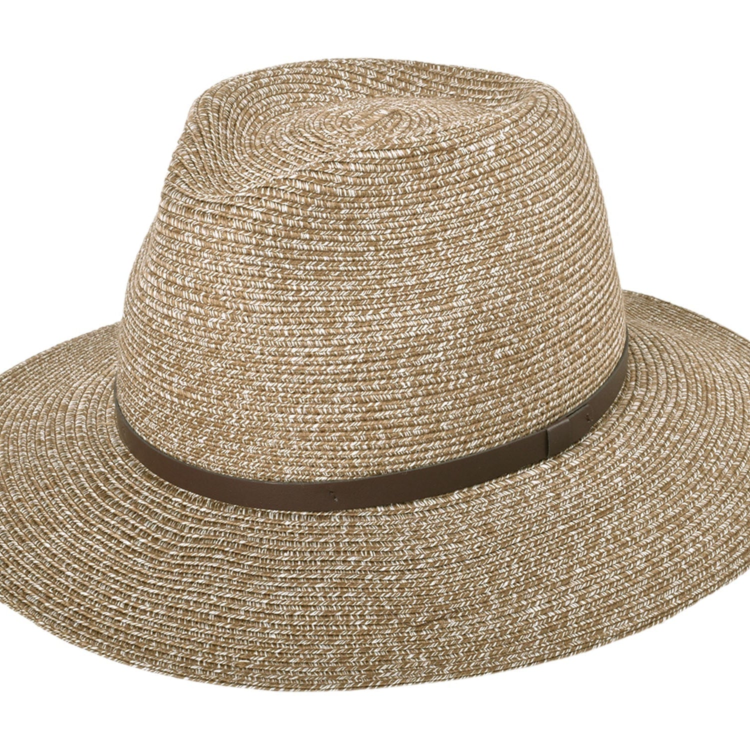 Beige straw hat with a brown band on a white background
