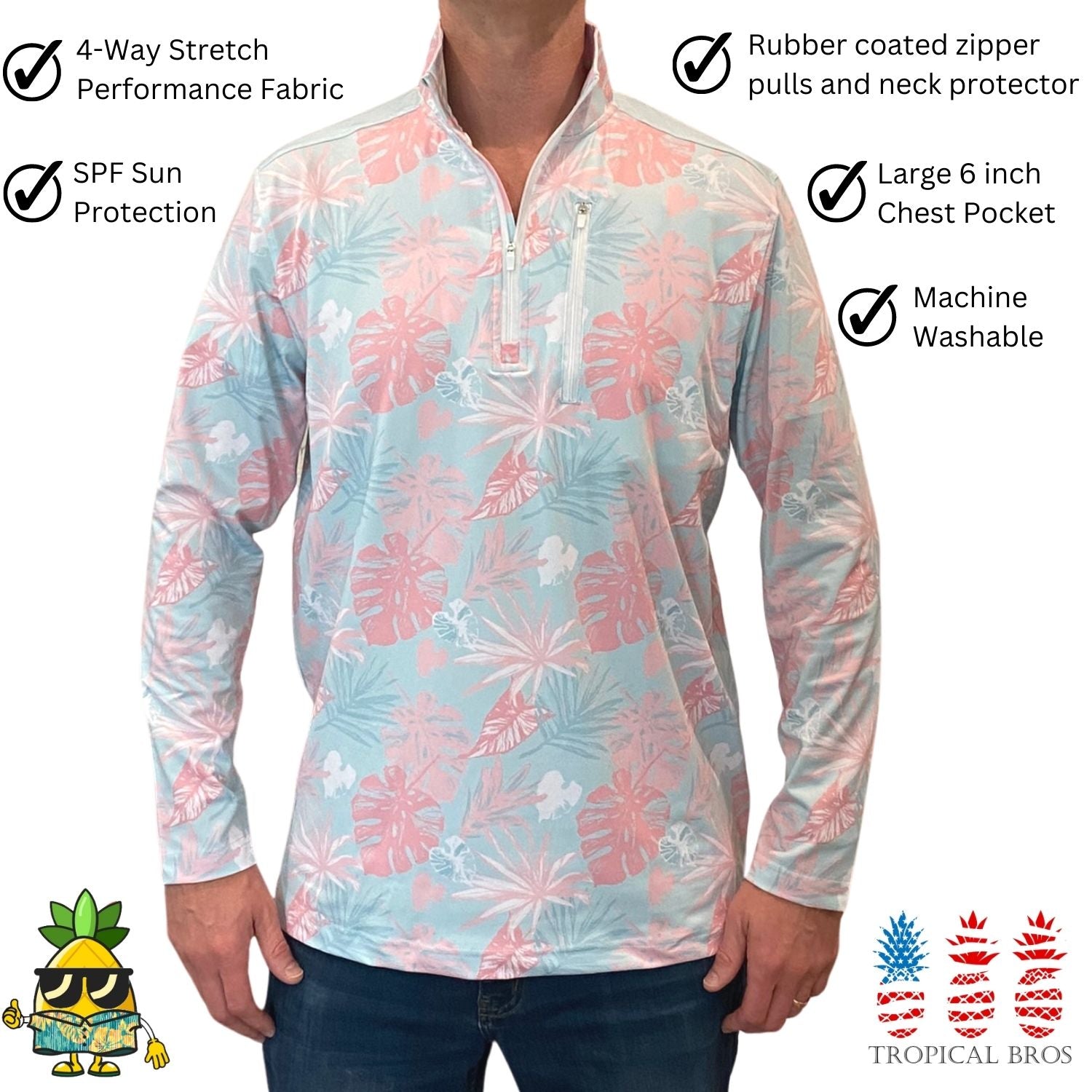 Tropical Bros shirt with floral pattern on a white background