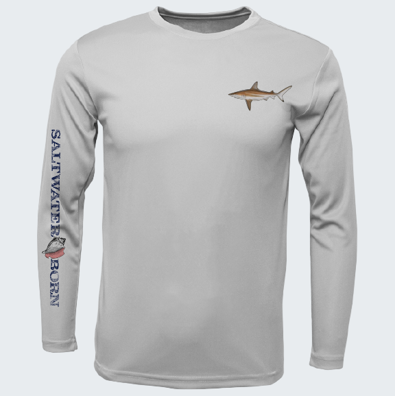 Gray long-sleeve shirt with shark design and 'Saltwater Born' text on sleeve, on a white background.