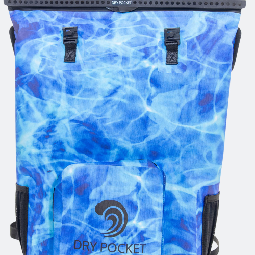 Blue water-patterned backpack with 'Dry Pocket' branding on a white background