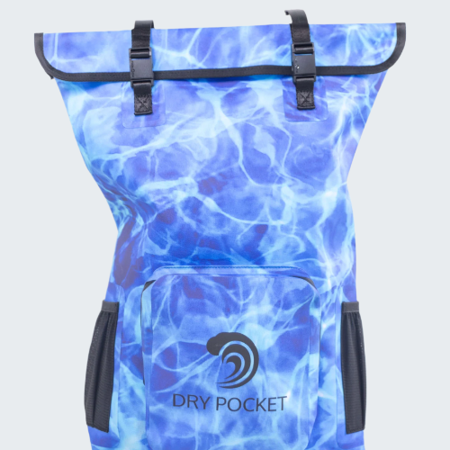Blue water patterned backpack with 'Dry Pocket' branding on a white background