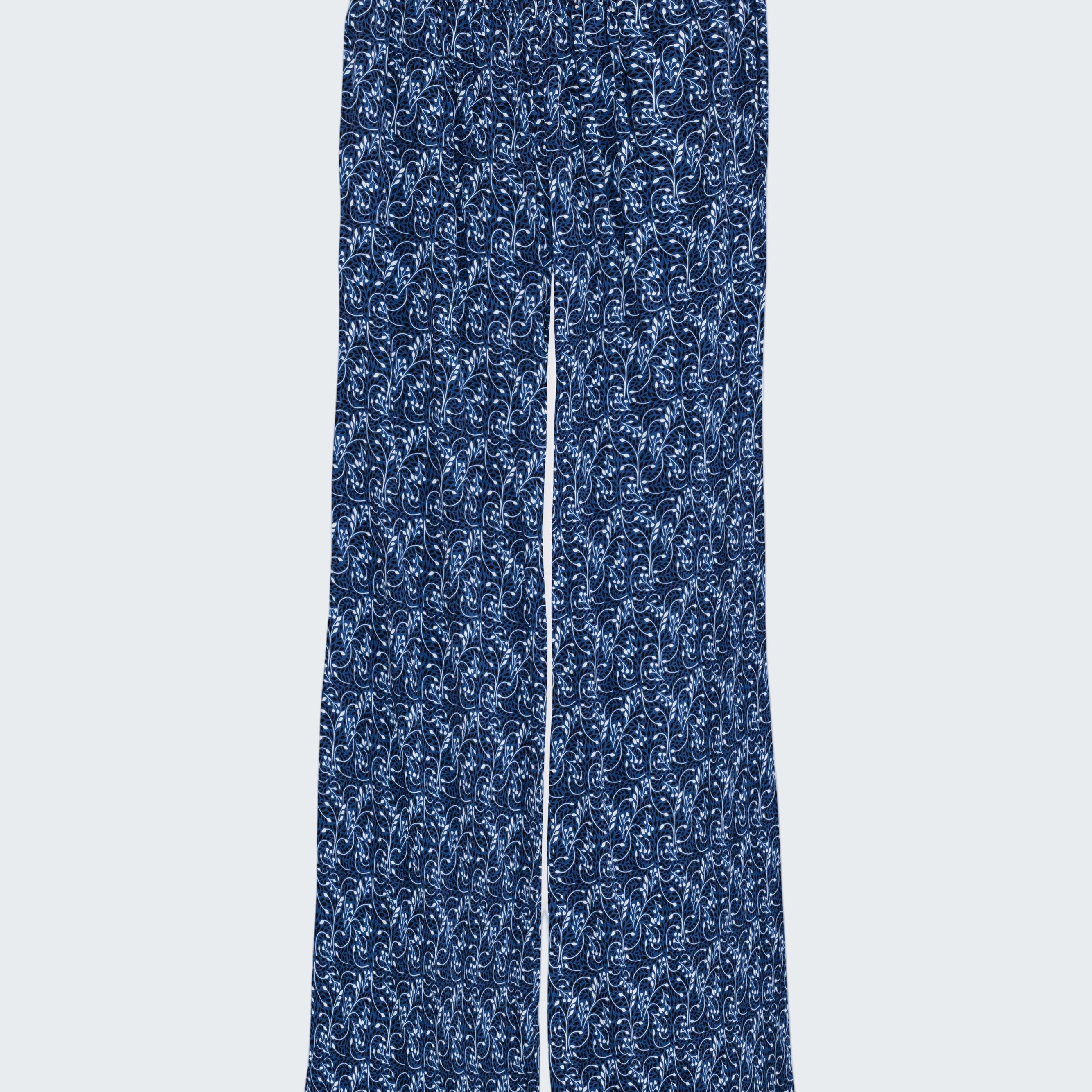 Blue patterned pants on a white background