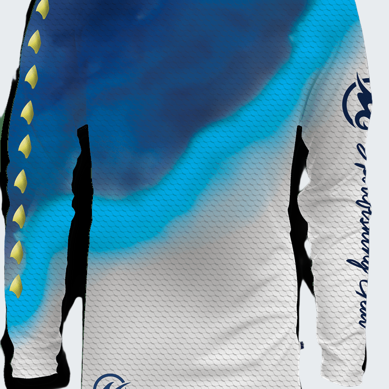 Long-sleeve shirt with blue, white, and black design on a transparent background