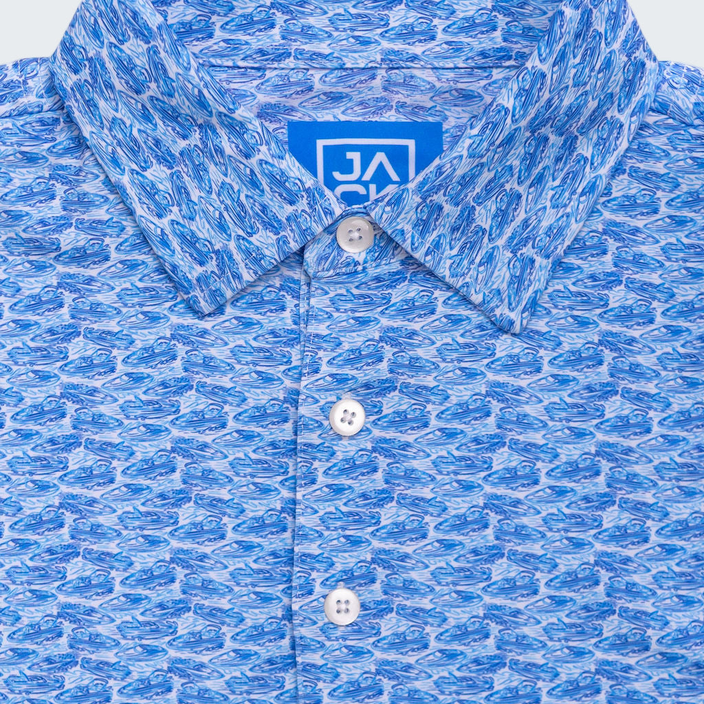 Blue patterned shirt with a brand logo on a white background