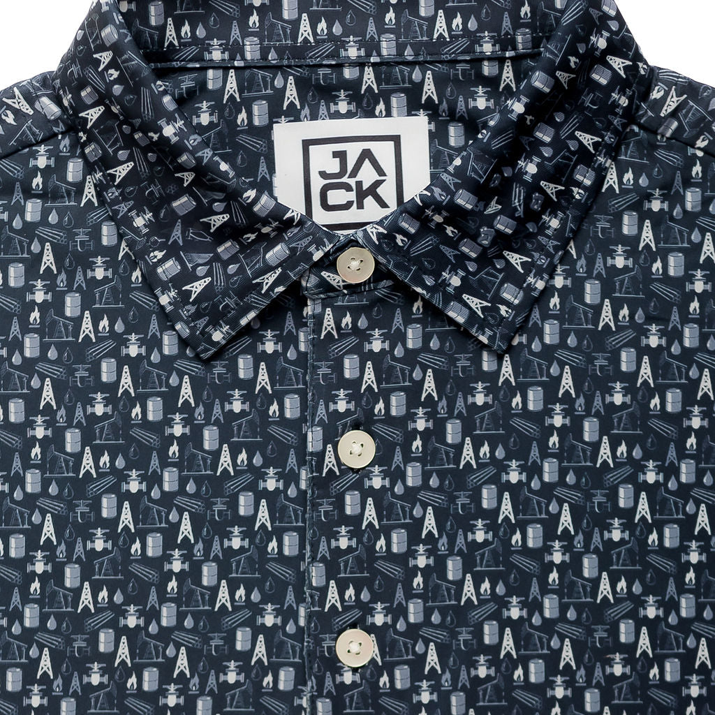 Navy blue shirt with white pattern and 'JACK' logo on a white background
