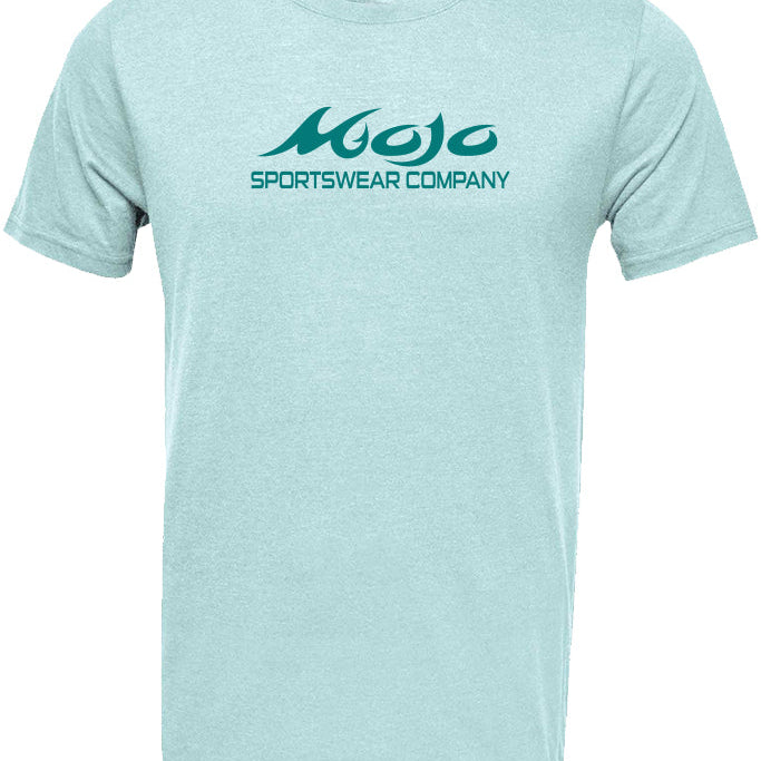 Light blue t-shirt with 'Mojo Sportswear Company' logo on a white background