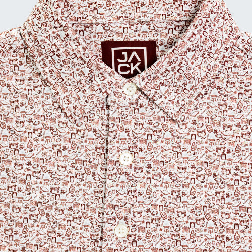 Patterned shirt with a brand logo on a white background