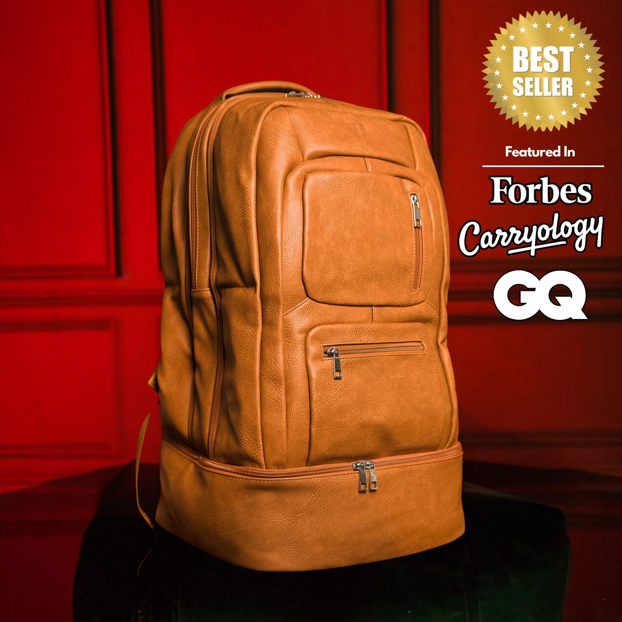 Brown leather backpack on a black stand with red background and media outlet logos.