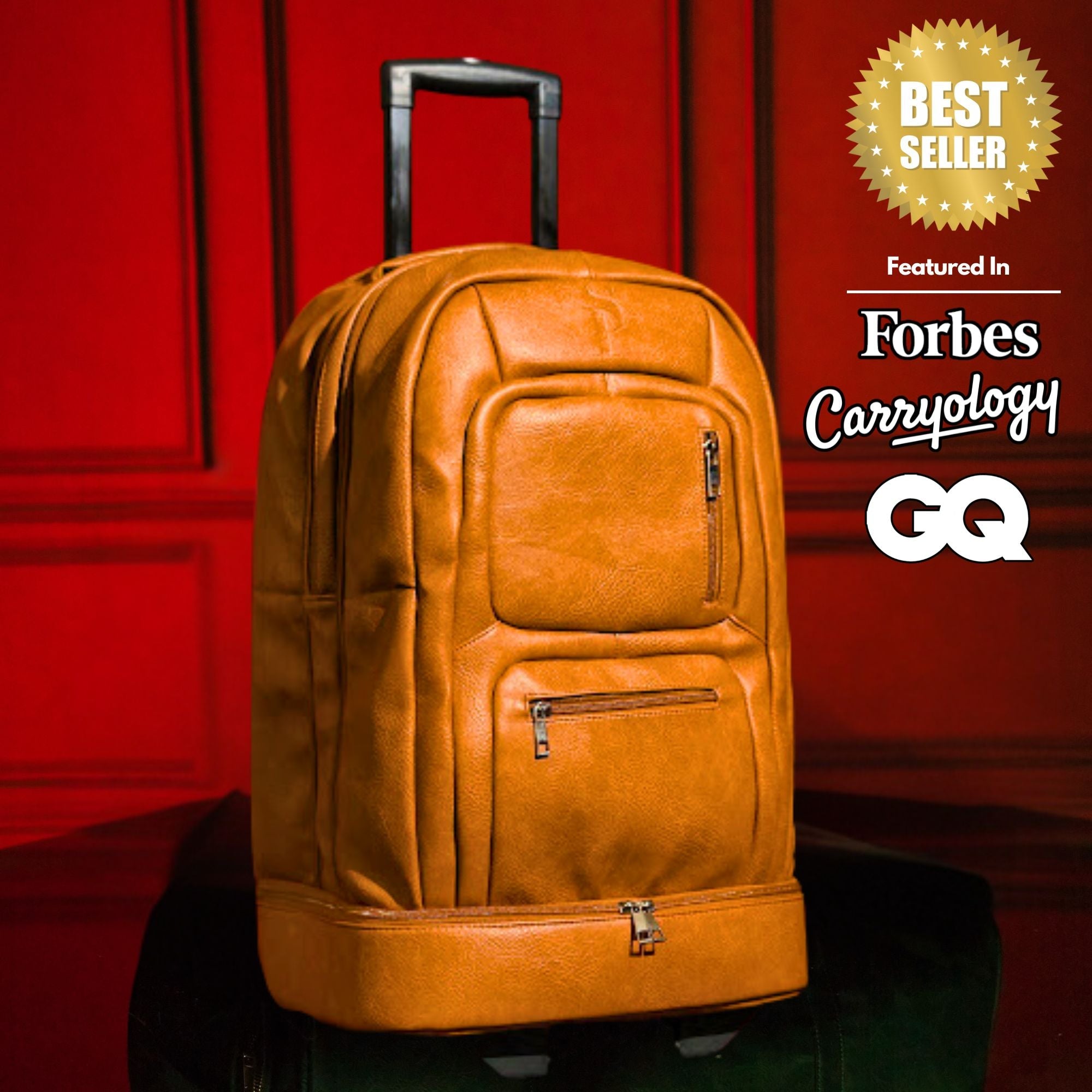 Brown leather backpack with wheels on a red background, featuring 'Best Seller' and media outlet logos.