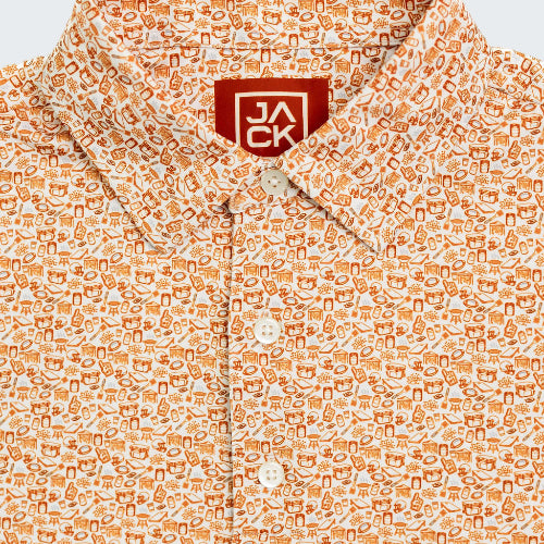 Patterned shirt with a brand logo on a white background
