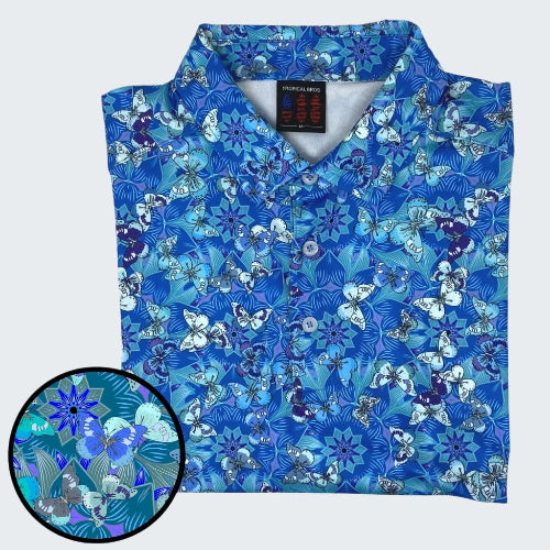 Blue floral patterned shirt with a close-up inset on a white background
