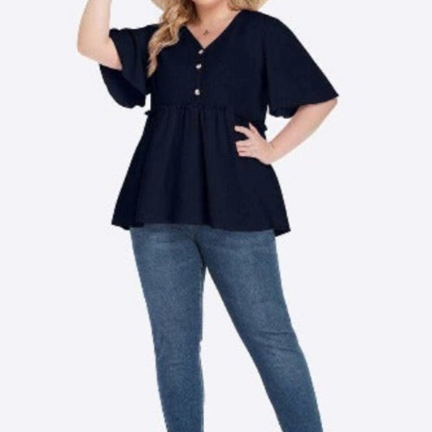 Buttoned V-Neck Frill Trim Babydoll Blouse