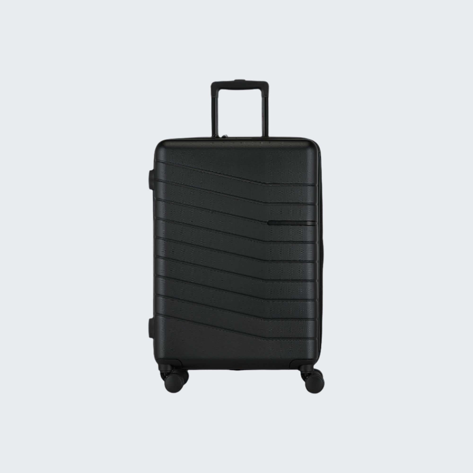 Black suitcase with a textured surface on a white background