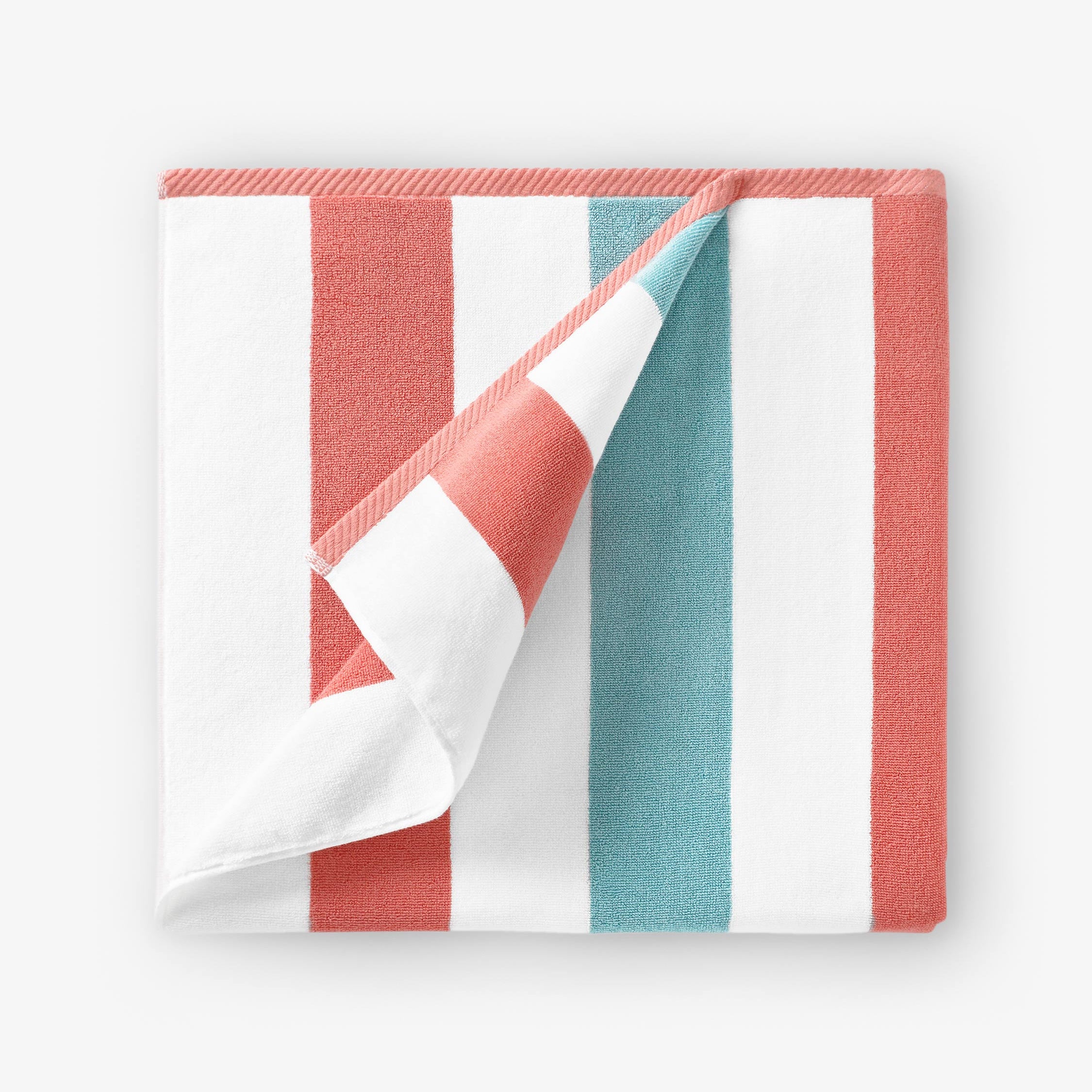 Folded fabric with red, white, and blue stripes on a white background