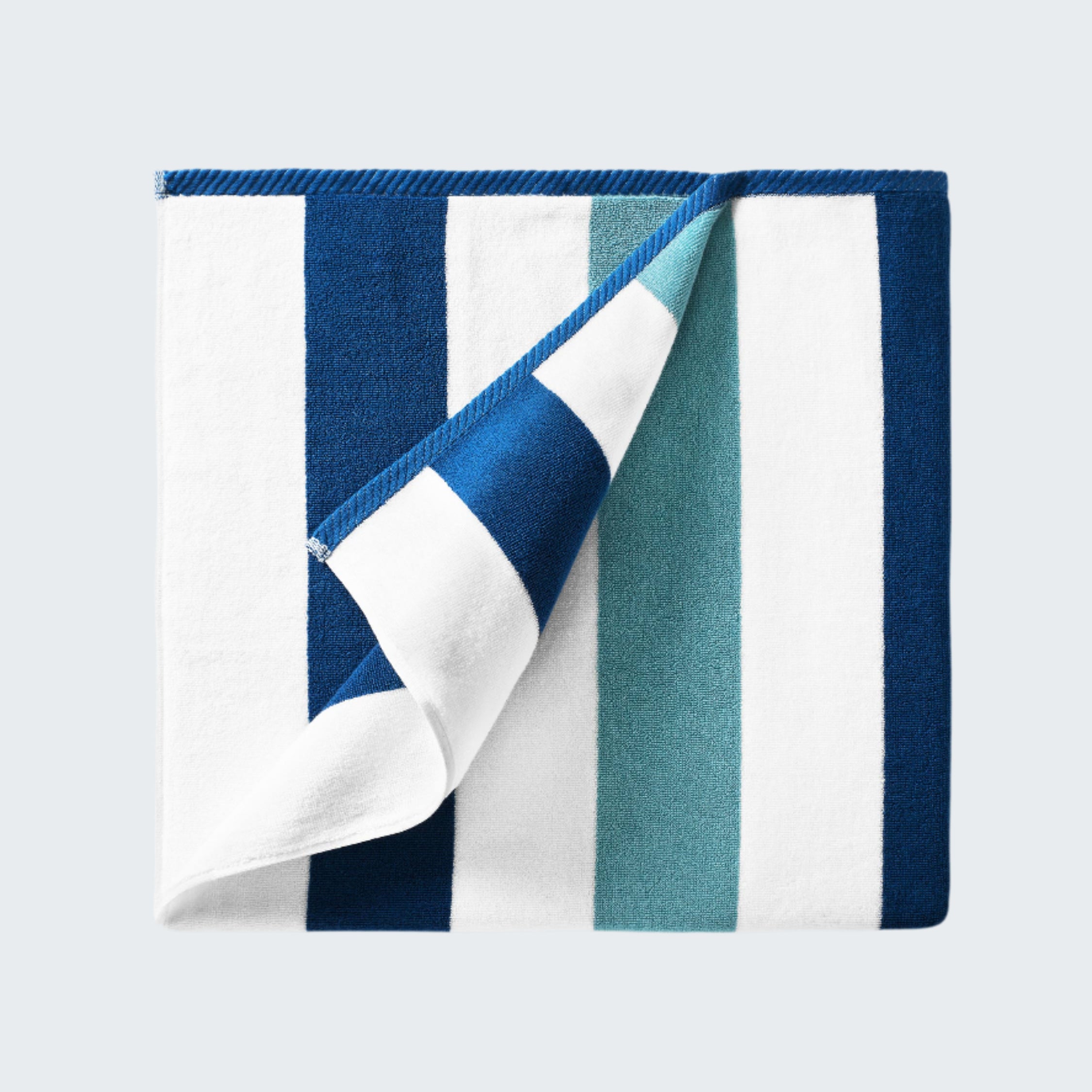 Striped fabric with blue, white, and teal colors on a white background