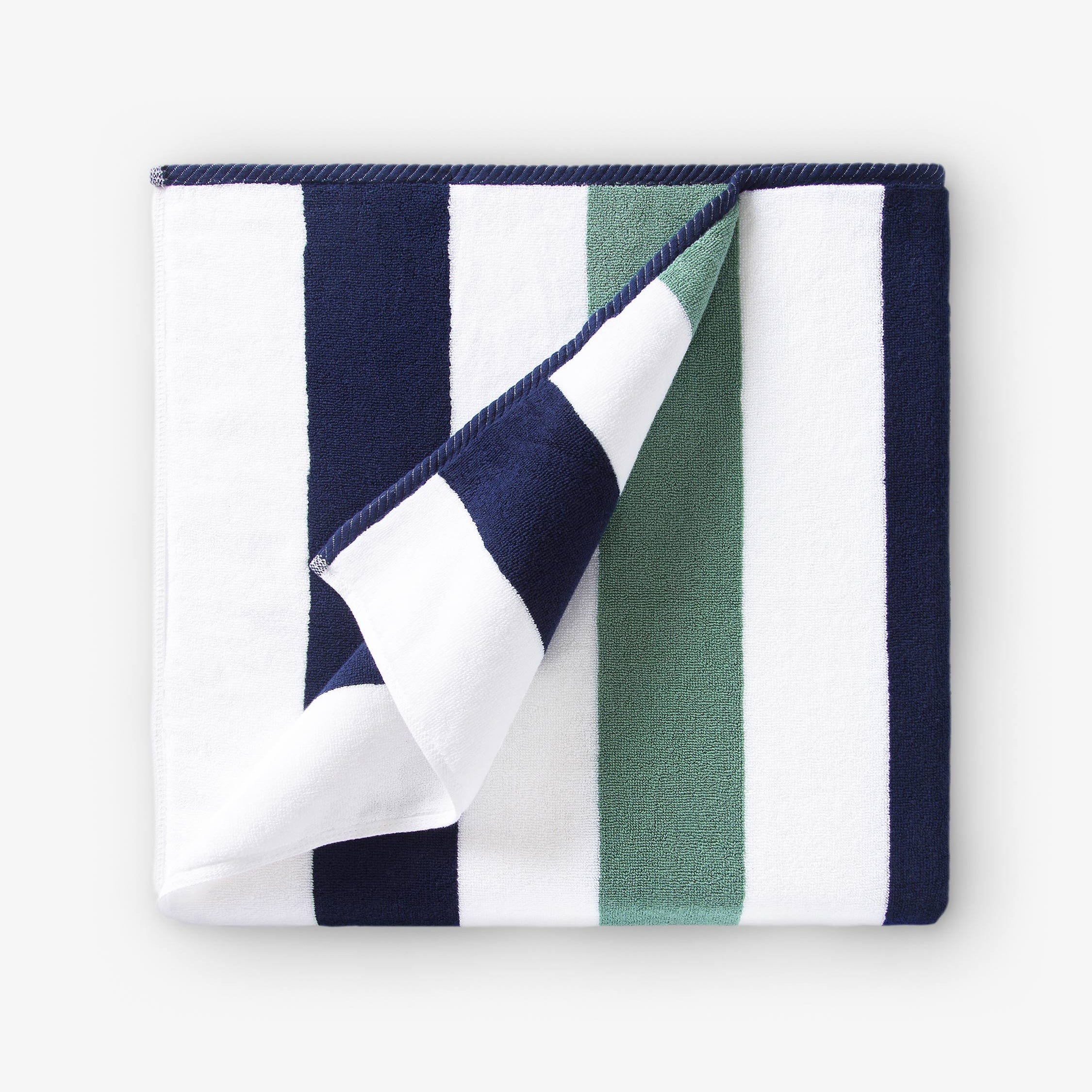 Striped fabric with blue, green, and white colors on a white background