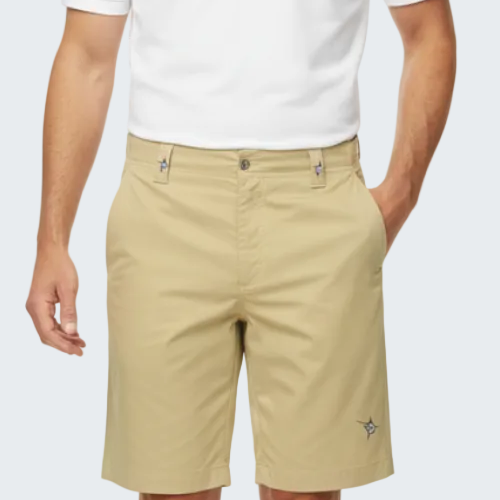 Person wearing beige shorts and a white polo shirt on a white background
