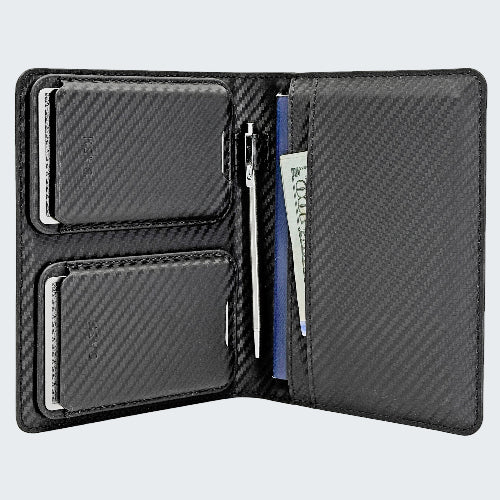 Carbon fiber wallet with card slots and bill holder on a light gray background