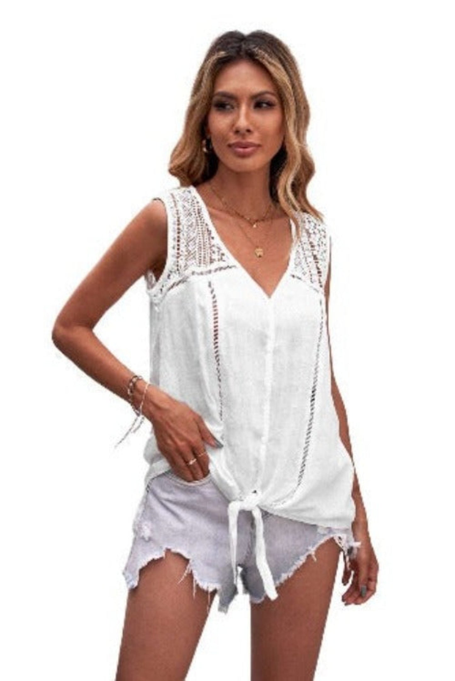 Chic White Lace Tie Front Button Tank Top - Sun of the Beach Boutique
