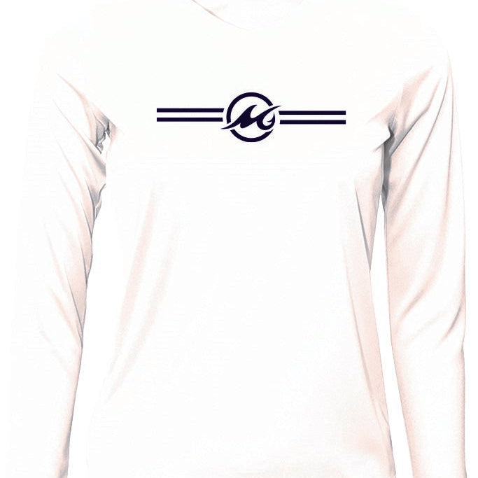 White long-sleeve shirt with a black logo on a white background