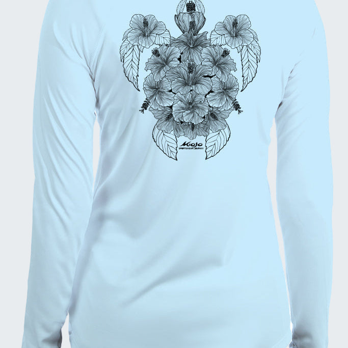 Light blue long-sleeve shirt with black floral and bear design on a white background