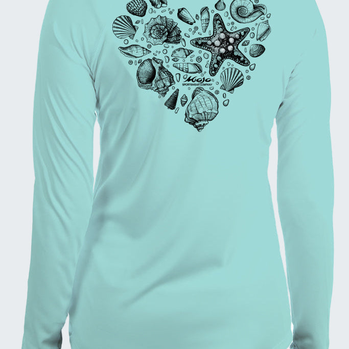 Light blue long-sleeve shirt with black sea-themed design on a white background