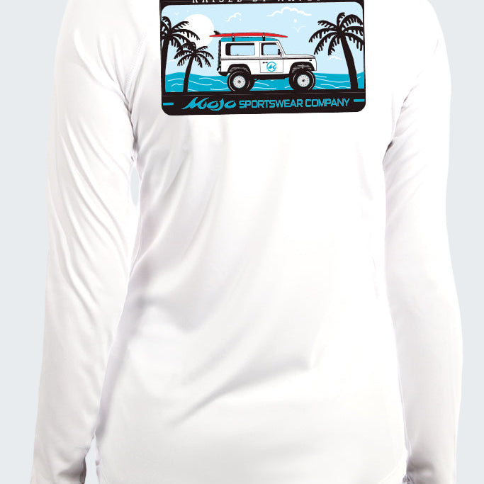 White long-sleeve shirt with a graphic of a van and palm trees on a white background