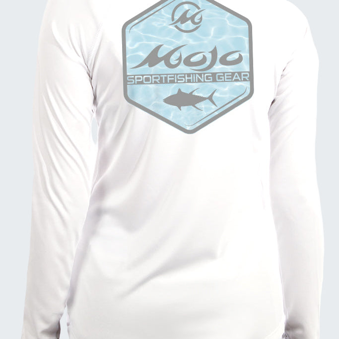 White long-sleeve shirt with a blue logo on the back, featuring the brand 'Mojo Sportfishing Gear'.