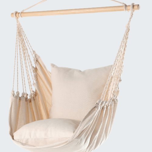 Beige hammock chair with cushions on a white background, featuring the Limbo Imports logo.