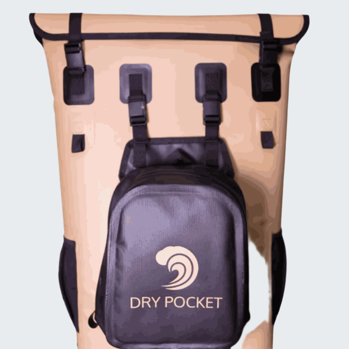 Beige waterproof bag with a black Dry Pocket branded backpack attachment on a white background