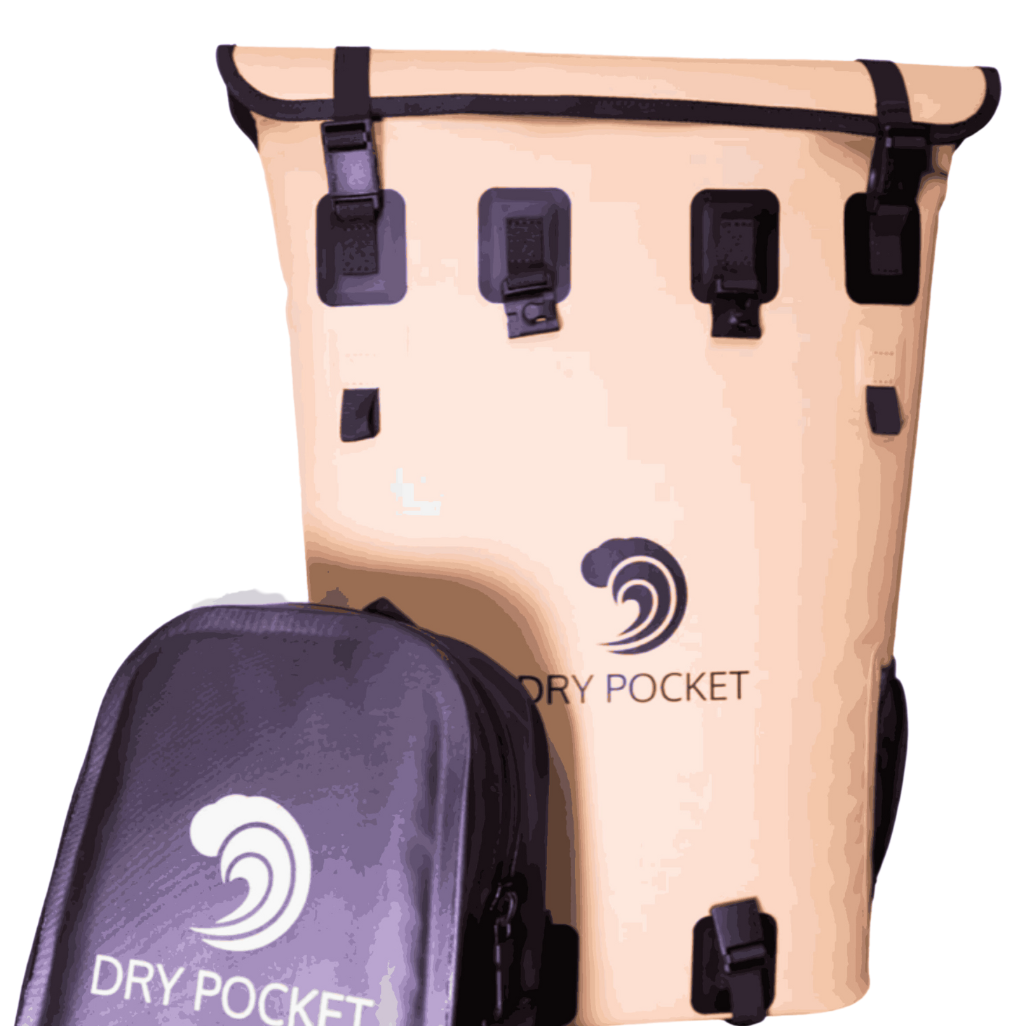Beige waterproof bag and purple pouch with 'Dry Pocket' logo on a white background