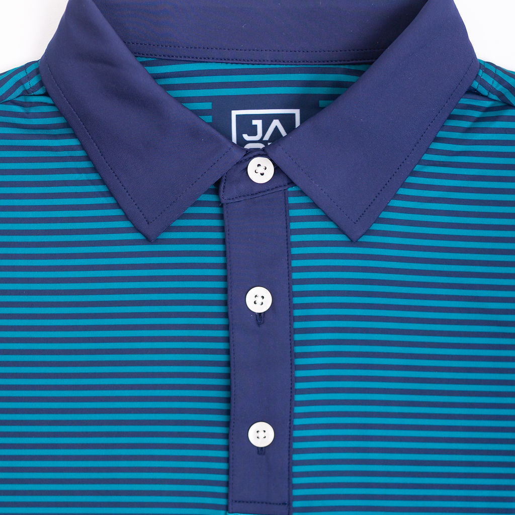 Blue and green striped polo shirt with a collar and buttons on a white background