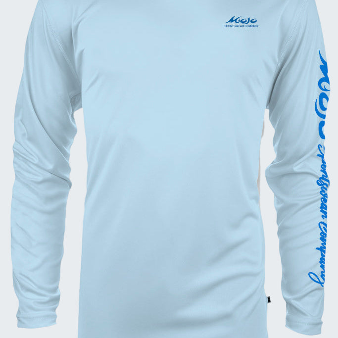 Light blue long-sleeve shirt with blue branding on a white background
