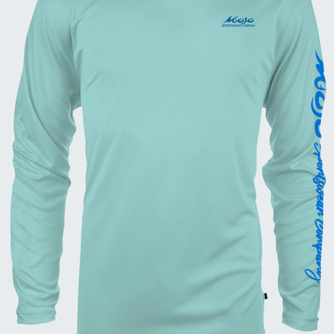 Light blue long-sleeve shirt with blue branding on a white background