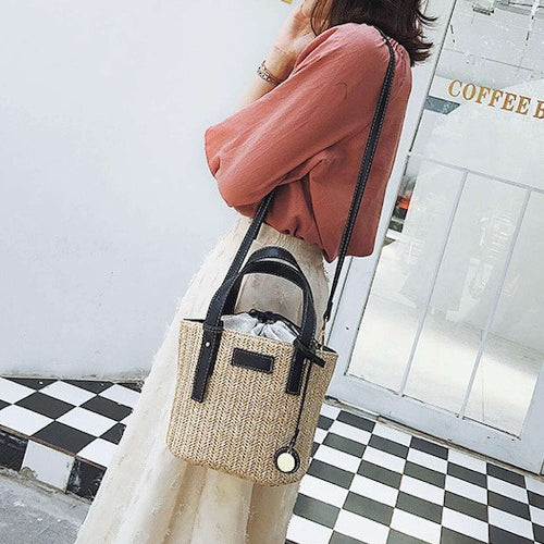 Coseey Straw Shoulder Bucket Bag with Vegan Leather Handle