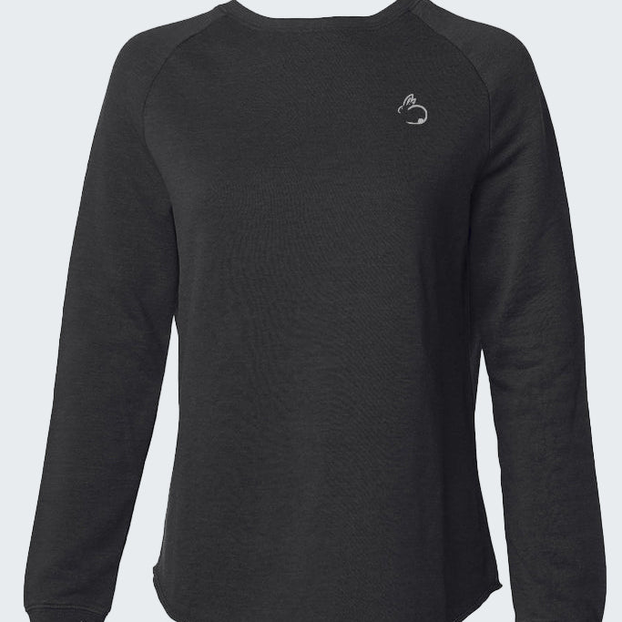 Black long-sleeve shirt with a small logo on a white background